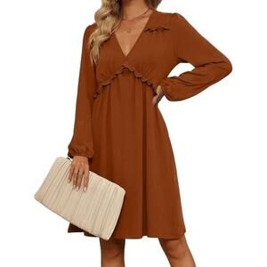 Aokosor Camel Brown V-neck‎ Dress Long Sleeve